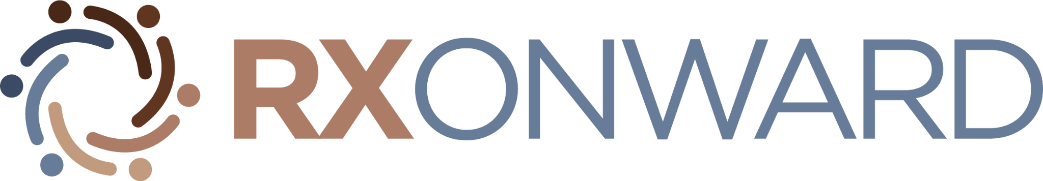 RXOnward logo with a circular motif of curved strokes and dots forming figures in navy, slate blue and warm brown tones, beside RX in warm brown and ONWARD in muted blue