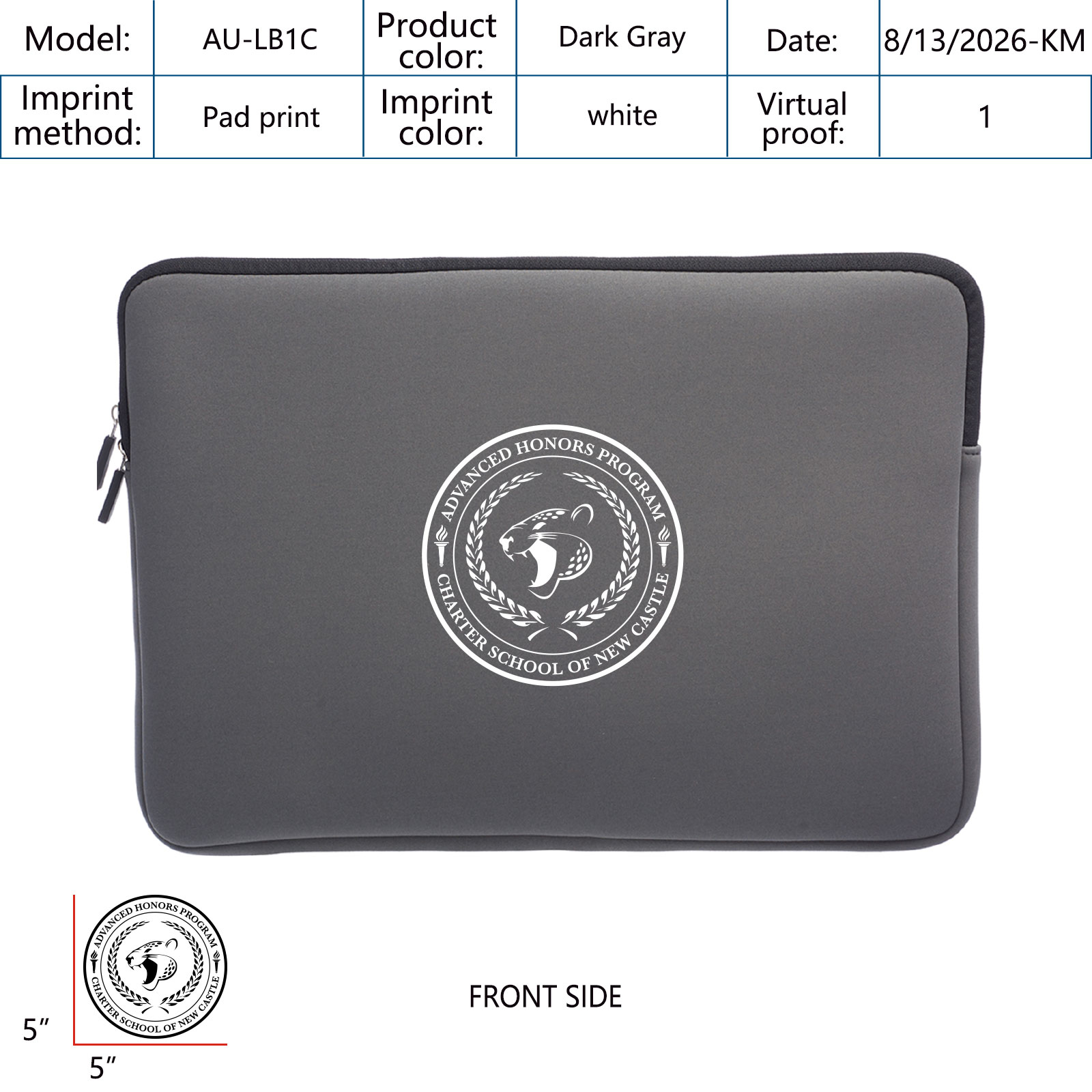 Gray laptop sleeve with a white school honors program imprint, shown as a product proof
