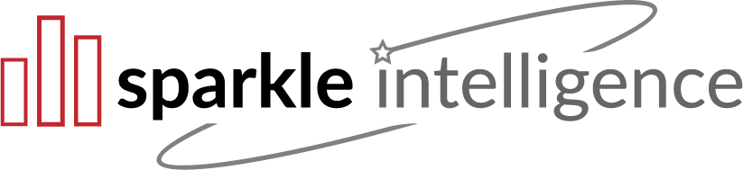 Sparkle Intelligence logo with three red outlined vertical bars, black sparkle lettering, gray intelligence lettering and a gray orbital swoosh with a star