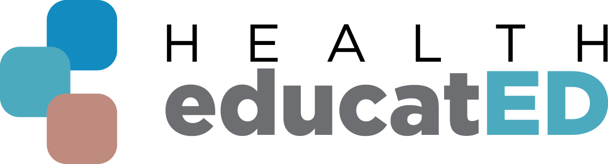 Health Educated logo with a coordinated colored icon, HEALTH lettering and gray and cyan educatED wordmark