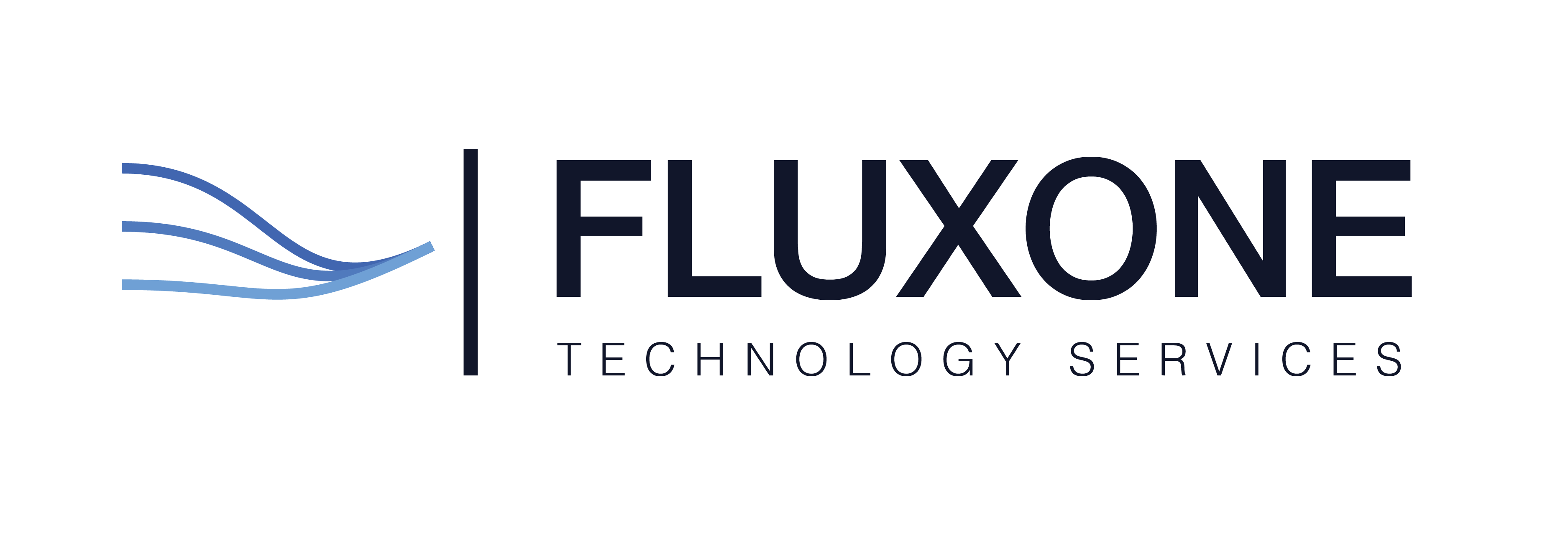 FluxOne Technology Services logo with three converging blue curved lines, a vertical navy separator and navy wordmark