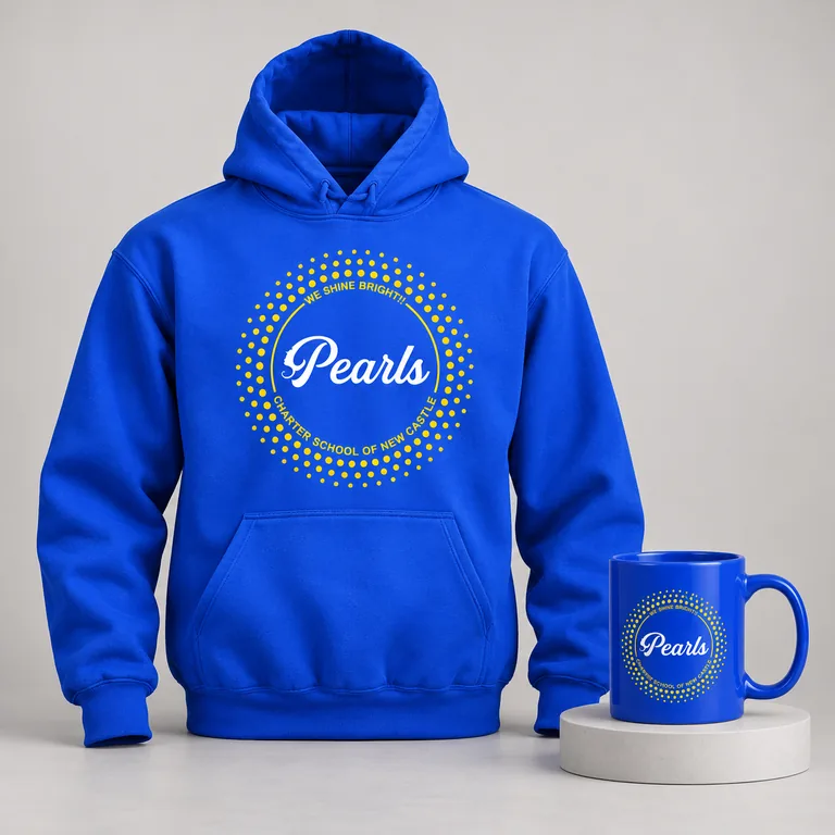 Royal blue hoodie and matching mug for Pearls, an extracurricular club at the Charter School of New Castle, shown as a neutral studio mockup